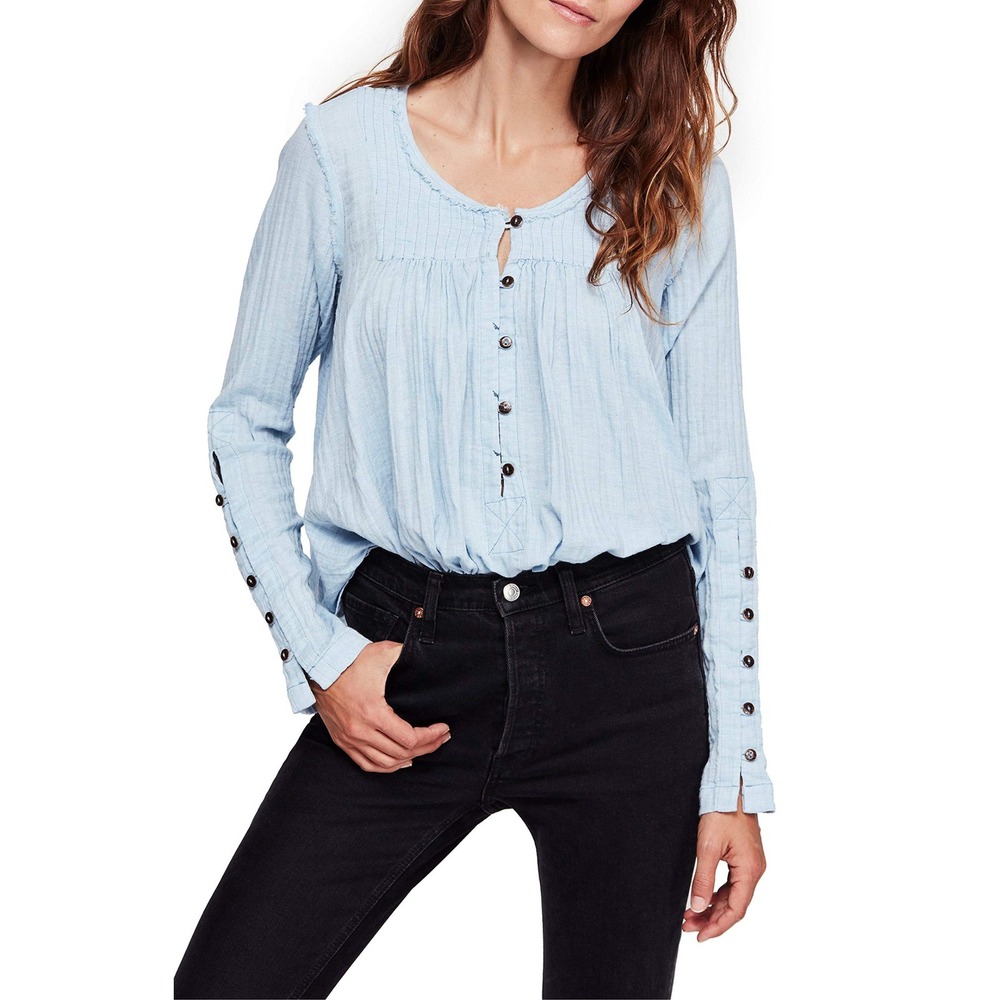 Free People Womens Sand Dune Henley Top Size XS Blue Gauze Boho Praire Babydoll